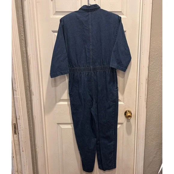 VTG IDEAS Denim Jumpsuit Women Medium Blue Wash Button Front Utility 3/4 Sleeves - Picture 10 of 11